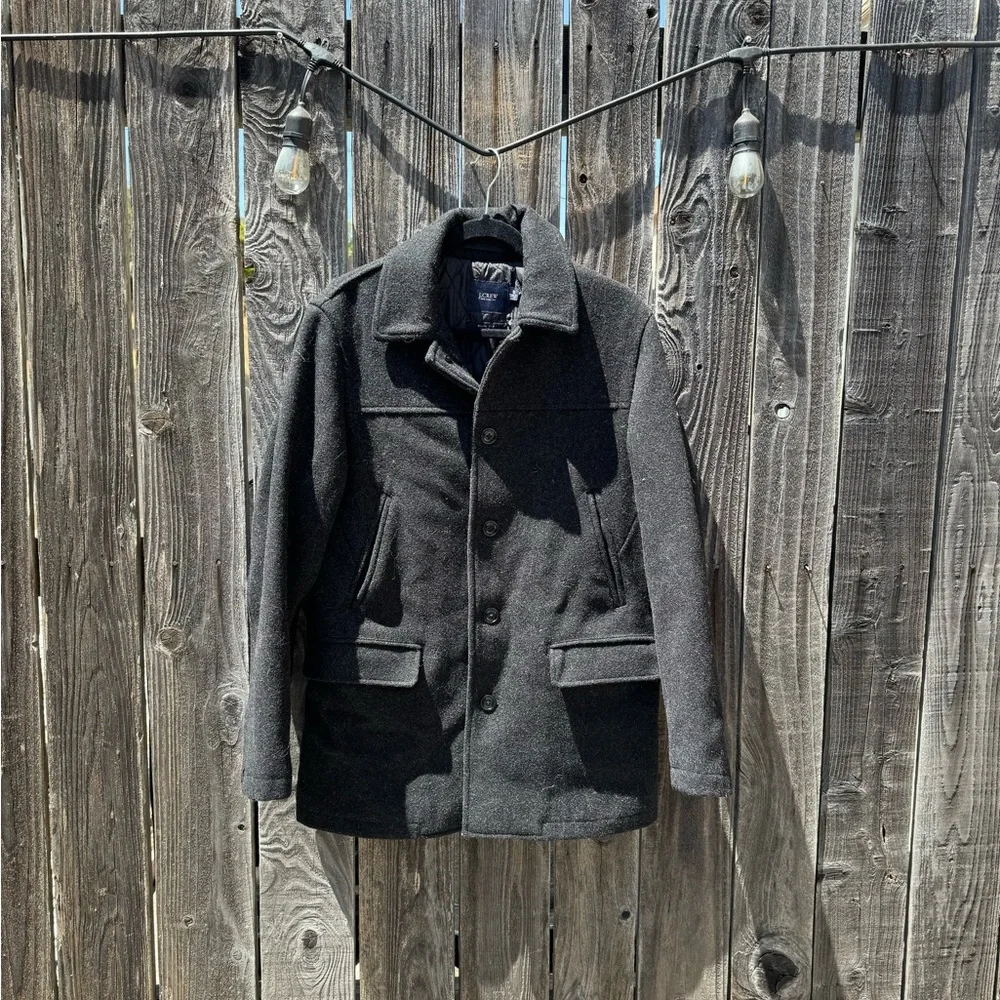 J Crew Men's Single Breasted Charoca Grey Wool Slim Fit Stadium Jacket small